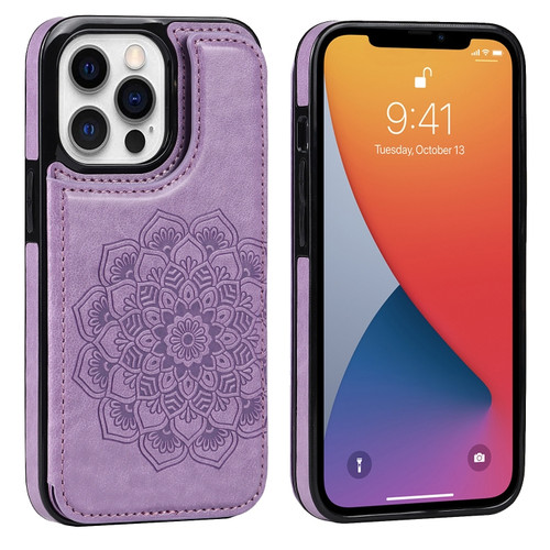 iPhone 13 Pro Max Double Buckle Mandala Pattern PU+TPU Protective Case with Card Slots & Holder & Photo Frame  - Purple