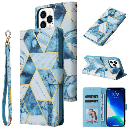 iPhone 13 Pro Max Marble Bronzing Stitching Horizontal Flip PU Leather Case with Holder & Card Slots & Wallet & Photo Frame  - Blue