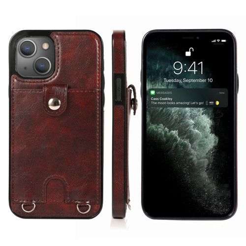 iPhone 13 Pro Max Shockproof PU Leather + TPU Protective Case with Card Slot & Lanyard  - Brown
