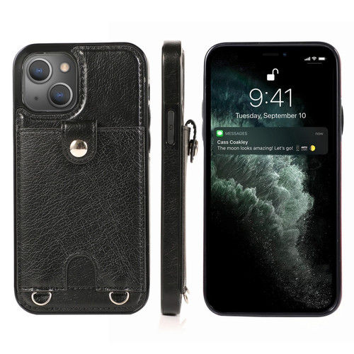 iPhone 13 Pro Max Shockproof PU Leather + TPU Protective Case with Card Slot & Lanyard  - Black