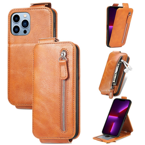 iPhone 13 Pro Max Zipper Wallet Vertical Flip Leather Phone Case  - Brown