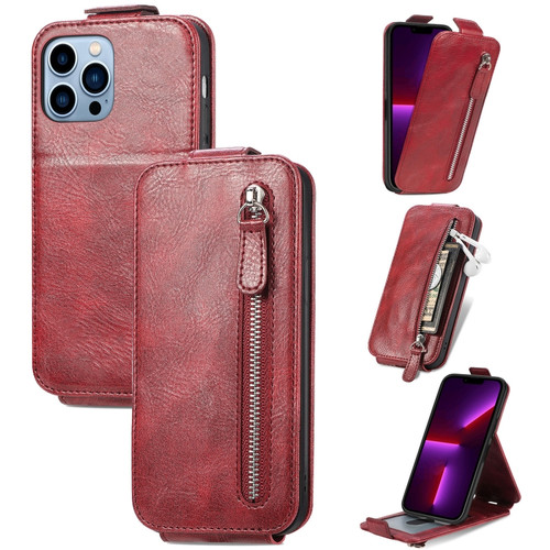 iPhone 13 Pro Max Zipper Wallet Vertical Flip Leather Phone Case  - Red