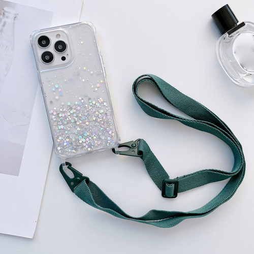 iPhone 13 Pro Max Lanyard Glitter Epoxy Clear Phone Case  - Dark Green