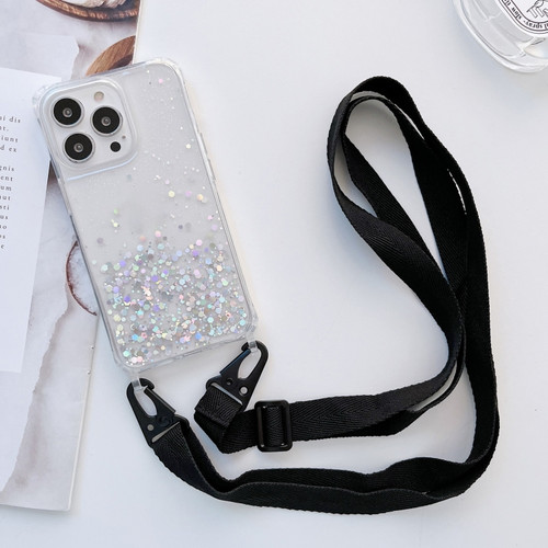 iPhone 13 Pro Max Lanyard Glitter Epoxy Clear Phone Case  - Black