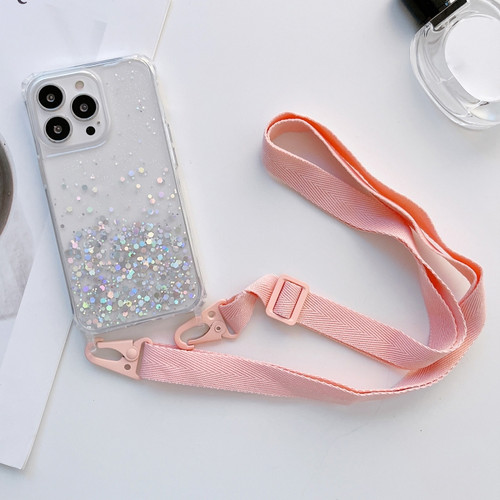 iPhone 13 Pro Max Lanyard Glitter Epoxy Clear Phone Case  - Pink