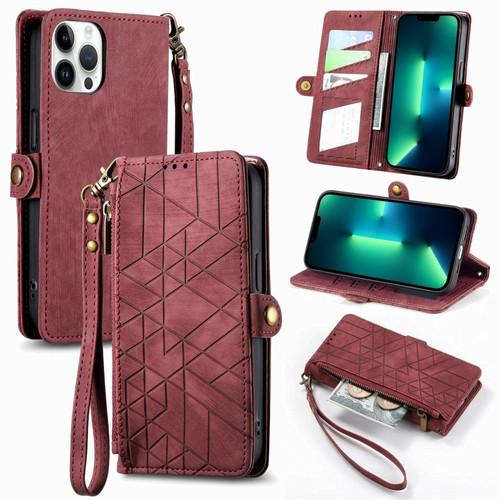 iPhone 13 Pro Max Geometric Zipper Wallet Side Buckle Leather Phone Case - Red