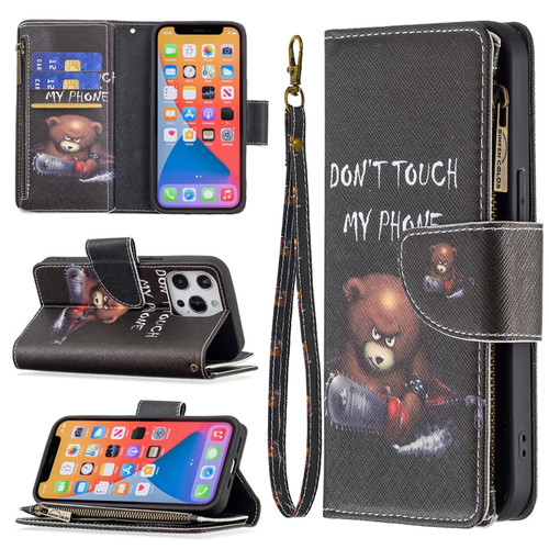 iPhone 13 Pro Max Colored Drawing Pattern Zipper Horizontal Flip Leather Case with Holder & Card Slots & Wallet  - Bear