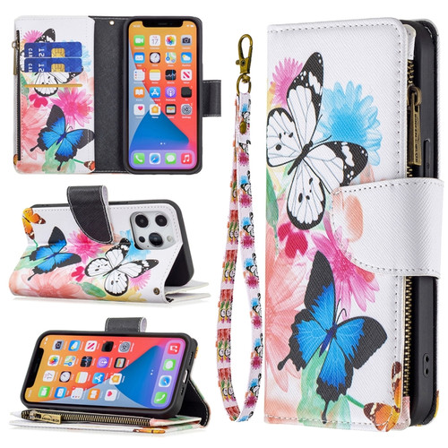 iPhone 13 Pro Max Colored Drawing Pattern Zipper Horizontal Flip Leather Case with Holder & Card Slots & Wallet  - Two Butterflies