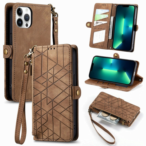 iPhone 13 Pro Max Geometric Zipper Wallet Side Buckle Leather Phone Case - Brown