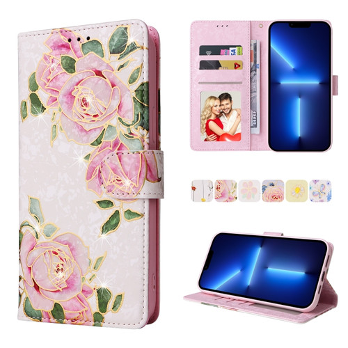 iPhone 13 Pro Max Bronzing Painting RFID Leather Case  - Rose Flower