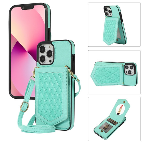 iPhone 13 Pro Max Rhombic Texture RFID Phone Case with Lanyard & Mirror - Mint Green