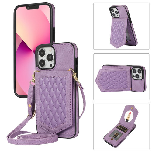 iPhone 13 Pro Max Rhombic Texture RFID Phone Case with Lanyard & Mirror - Purple