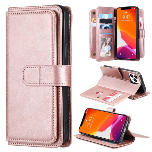 iPhone 13 Pro Max Multifunctional Magnetic Copper Buckle Horizontal Flip Solid Color Leather Case with 10 Card Slots & Wallet & Holder & Photo Frame  - Rose Gold