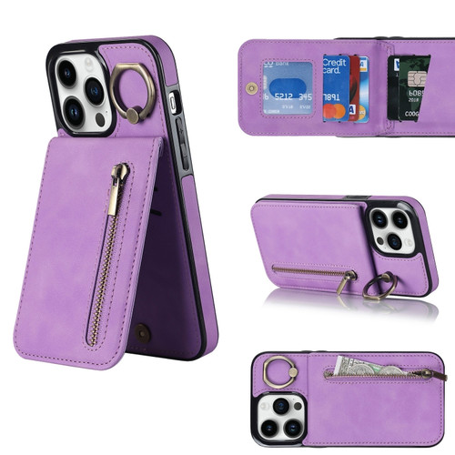 iPhone 13 Pro Max Retro Ring and Zipper RFID Card Slot Phone Case - Purple