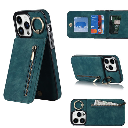 iPhone 13 Pro Max Retro Ring and Zipper RFID Card Slot Phone Case - Blue