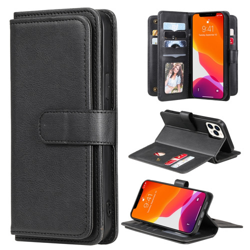 iPhone 13 Pro Max Multifunctional Magnetic Copper Buckle Horizontal Flip Solid Color Leather Case with 10 Card Slots & Wallet & Holder & Photo Frame  - Black
