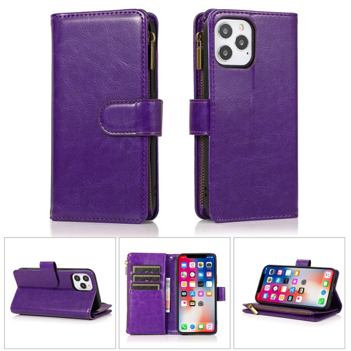 iPhone 13 Pro Max Multifunctional Crazy Horse Texture Horizontal Flip Leather Case with 9 Card Slot & Holder & Zipper Wallet & Lanyard  - Purple