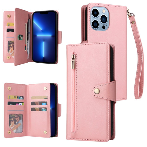 iPhone 13 Pro Max Rivet Buckle 9 Cards Three Fold Leather Phone Case  - Rose Gold