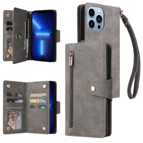 iPhone 13 Pro Max Rivet Buckle 9 Cards Three Fold Leather Phone Case  - Grey