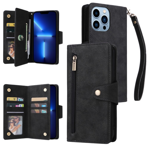 iPhone 13 Pro Max Rivet Buckle 9 Cards Three Fold Leather Phone Case  - Black