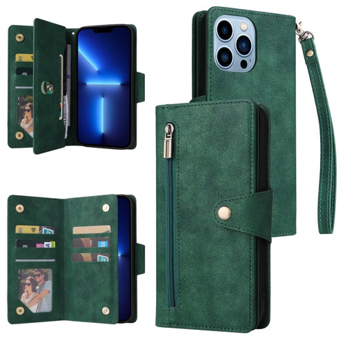 iPhone 13 Pro Max Rivet Buckle 9 Cards Three Fold Leather Phone Case  - Green
