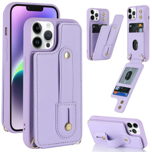 iPhone 13 Pro Max Wristband Vertical Flip Wallet Back Cover Phone Case - Purple
