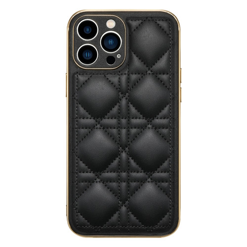 iPhone 13 Pro Max D03 Grid PU Leather Electroplated Phone Case  - Black
