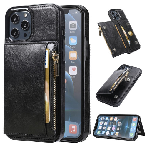 iPhone 13 Pro Max Zipper Wallet Bag PU Back Cover Shockrpoof Phone Case with Holder & Card Slots & Wallet  - Black