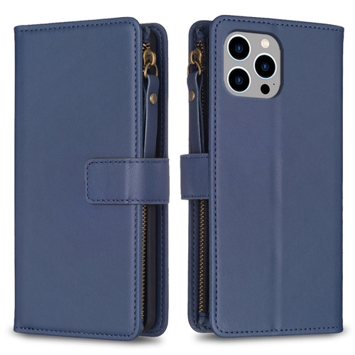 iPhone 13 Pro Max 9 Card Slots Zipper Wallet Leather Flip Phone Case - Blue