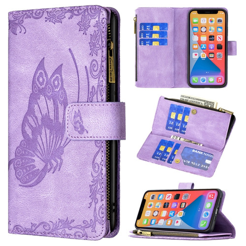 iPhone 13 Pro Max Flying Butterfly Embossing Pattern Zipper Horizontal Flip Leather Case with Holder & Card Slots & Wallet  - Purple