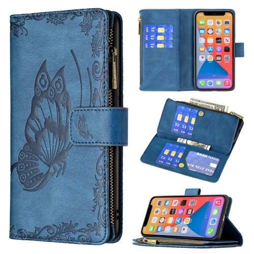 iPhone 13 Pro Max Flying Butterfly Embossing Pattern Zipper Horizontal Flip Leather Case with Holder & Card Slots & Wallet  - Blue