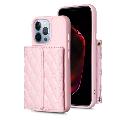 iPhone 13 Pro Max Horizontal Wallet Rhombic Leather Phone Case - Pink