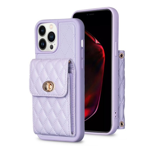 iPhone 13 Pro Max Vertical Metal Buckle Wallet Rhombic Leather Phone Case - Purple