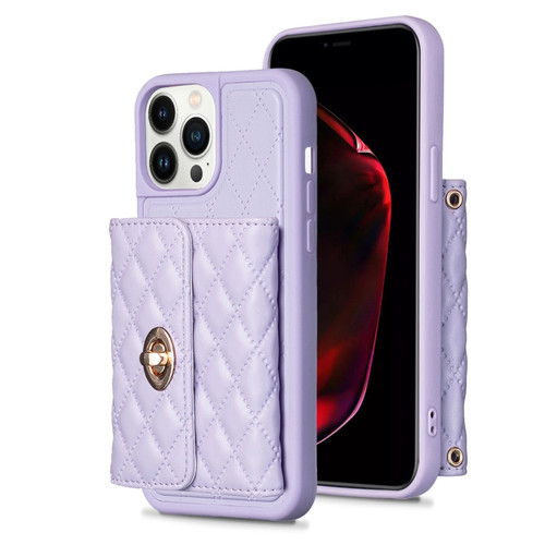 iPhone 13 Pro Max Horizontal Metal Buckle Wallet Rhombic Leather Phone Case - Purple
