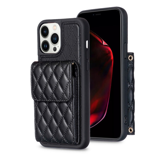 iPhone 13 Pro Max Vertical Wallet Rhombic Leather Phone Case - Black