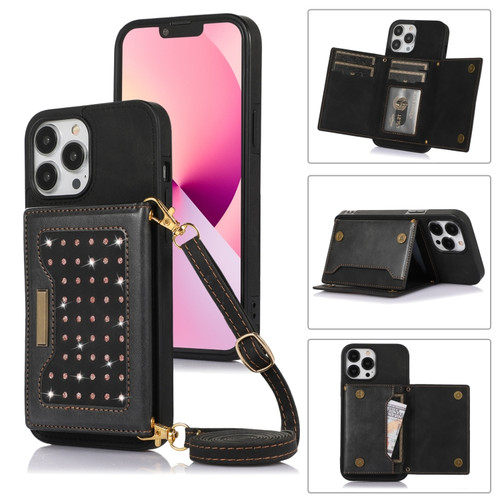 iPhone 13 Pro Max Three-fold RFID Leather Phone Case with Lanyard - Black