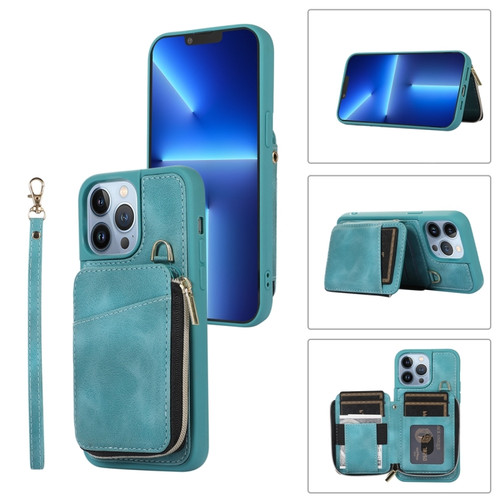 iPhone 13 Pro Max Zipper Card Bag Back Cover Phone Case - Turquoise