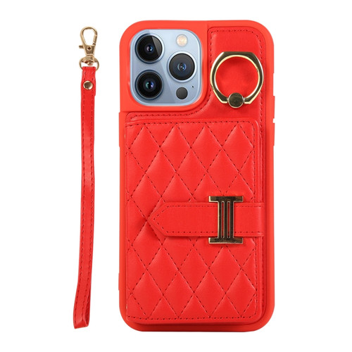 iPhone 13 Pro Max Horizontal Card Bag Ring Holder Phone Case with Dual Lanyard - Red