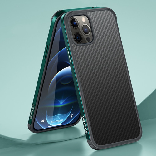 iPhone 13 Pro Max SULADA Luxury 3D Carbon Fiber Textured Metal + TPU Frame Phone Case - Dark Green