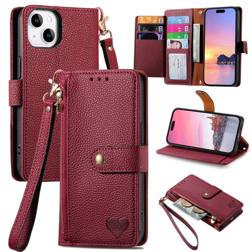 iPhone 13 Pro Max Love Zipper Lanyard Leather Phone Case - Red