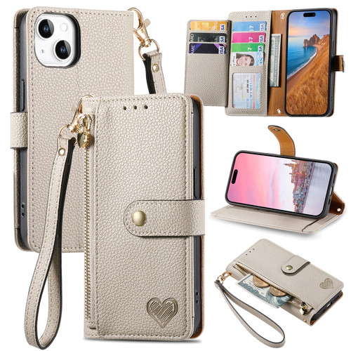 iPhone 13 Pro Max Love Zipper Lanyard Leather Phone Case - Gray