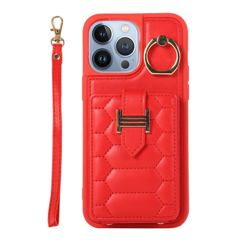 iPhone 13 Pro Max Vertical Card Bag Ring Holder Phone Case with Dual Lanyard - Red