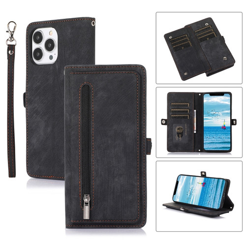 iPhone 13 Pro Max Zipper Card Slot Buckle Wallet Leather Phone Case - Black