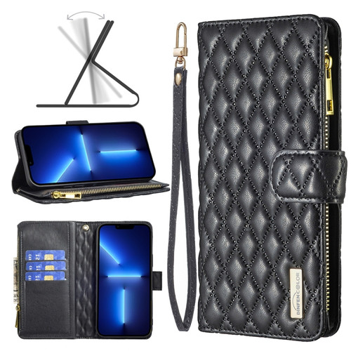 iPhone 13 Pro Max Diamond Lattice Zipper Wallet Leather Flip Phone Case  - Black