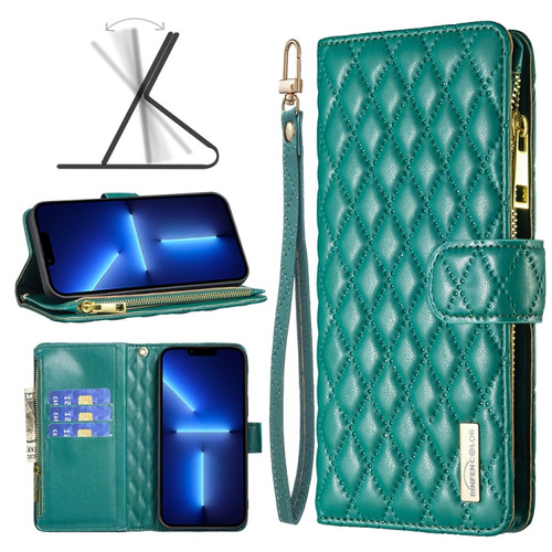 iPhone 13 Pro Max Diamond Lattice Zipper Wallet Leather Flip Phone Case  - Green