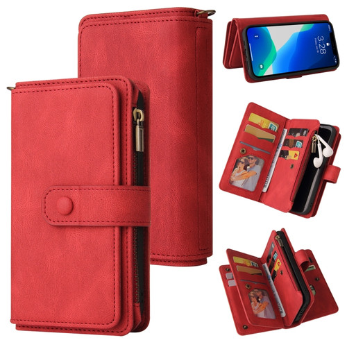 iPhone 13 Pro Max Skin Feel PU + TPU Horizontal Flip Leather Case with Holder & 15 Cards Slot & Wallet & Zipper Pocket & Lanyard  - Red