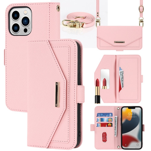 iPhone 13 Pro Max Cross Texture Lanyard Leather Phone Case - Pink