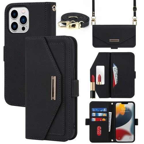iPhone 13 Pro Max Cross Texture Lanyard Leather Phone Case - Black