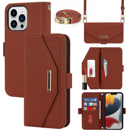 iPhone 13 Pro Max Cross Texture Lanyard Leather Phone Case - Brown
