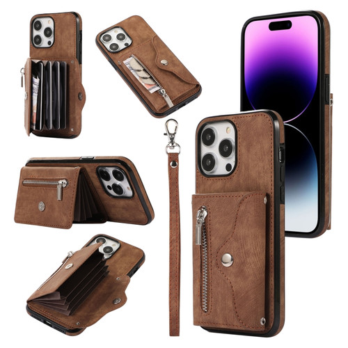 iPhone 13 Pro Max Zipper RFID Card Slot Phone Case with Short Lanyard - Brown